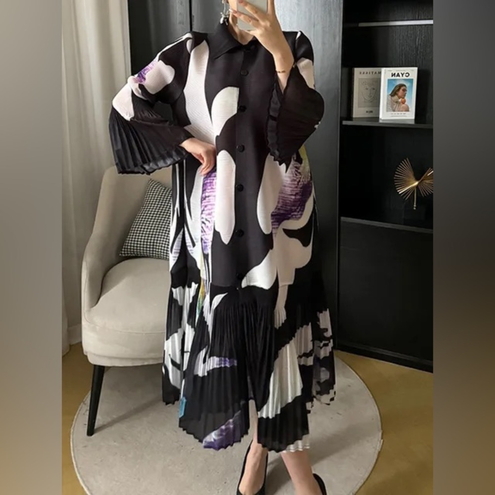 Boutique Dressy Floral Micro Pleated Slinky Button Front Midi Dress